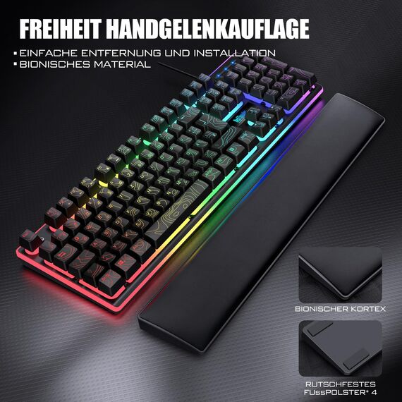 RedThunder K10 Gaming Tastatur und Maus Set, QWERTZ DE Layout, 26KRO Tastatur + 7D 7200 DPI Mause & Weiche Leder Handballenauflage, RGB Beleuchtung für PC Gamer, Mac PS5 Xbox (Höhenlinien Schwarz)
