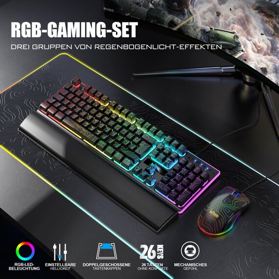 RedThunder K10 Gaming Tastatur und Maus Set, QWERTZ DE Layout, 26KRO Tastatur + 7D 7200 DPI Mause & Weiche Leder Handballenauflage, RGB Beleuchtung für PC Gamer, Mac PS5 Xbox (Höhenlinien Schwarz)