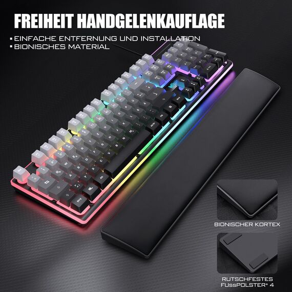 RedThunder K10 Gaming Tastatur und Maus Set, QWERTZ DE Layout, 26KRO Tastatur + 7D 7200 DPI Mause & Weiche Leder Handballenauflage, RGB Beleuchtung für PC Gamer, Mac PS5 Xbox (Grauverlauf)