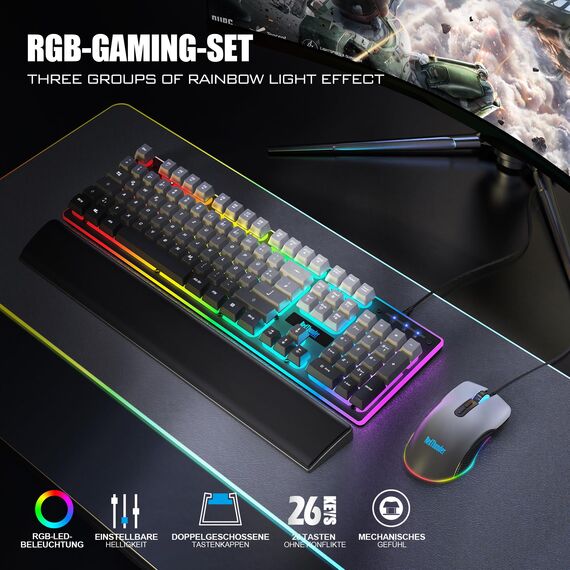 RedThunder K10 Gaming Tastatur und Maus Set, QWERTZ DE Layout, 26KRO Tastatur + 7D 7200 DPI Mause & Weiche Leder Handballenauflage, RGB Beleuchtung für PC Gamer, Mac PS5 Xbox (Grauverlauf)