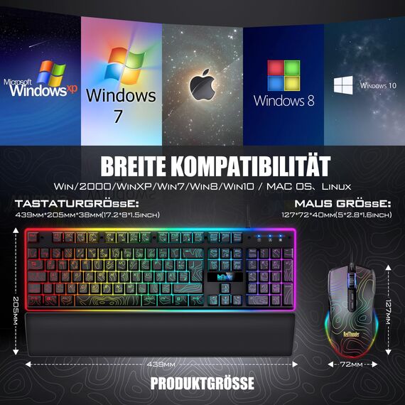 RedThunder K10 Gaming Tastatur und Maus Set, QWERTZ DE Layout, 26KRO Tastatur + 7D 7200 DPI Mause & Weiche Leder Handballenauflage, RGB Beleuchtung für PC Gamer, Mac PS5 Xbox (Höhenlinien Schwarz)