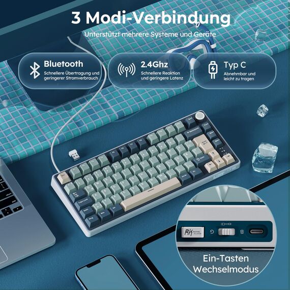 RK ROYAL KLUDGE R75 Mechanische Tastatur Kabellos 75%, Gasket Gaming Tastatur 75 Prozent TKL mit Knopf QWERTZ RGB Bluetooth/2.4G/USB-C PBT Tastenkappen QMK/VIA, Hot Swap Linearer Creamy Switches