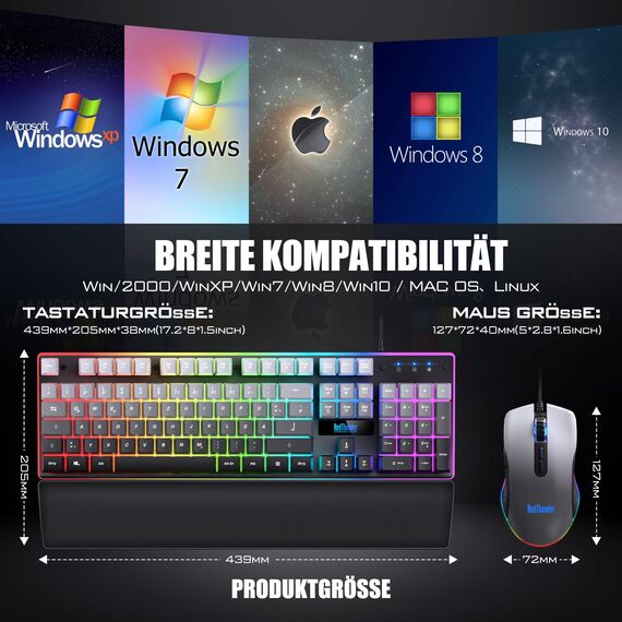 RedThunder K10 Gaming Tastatur und Maus Set, QWERTZ DE Layout, 26KRO Tastatur + 7D 7200 DPI Mause & Weiche Leder Handballenauflage, RGB Beleuchtung für PC Gamer, Mac PS5 Xbox (Grauverlauf)
