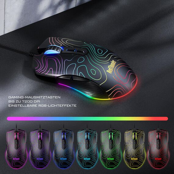 RedThunder K10 Gaming Tastatur und Maus Set, QWERTZ DE Layout, 26KRO Tastatur + 7D 7200 DPI Mause & Weiche Leder Handballenauflage, RGB Beleuchtung für PC Gamer, Mac PS5 Xbox (Höhenlinien Schwarz)