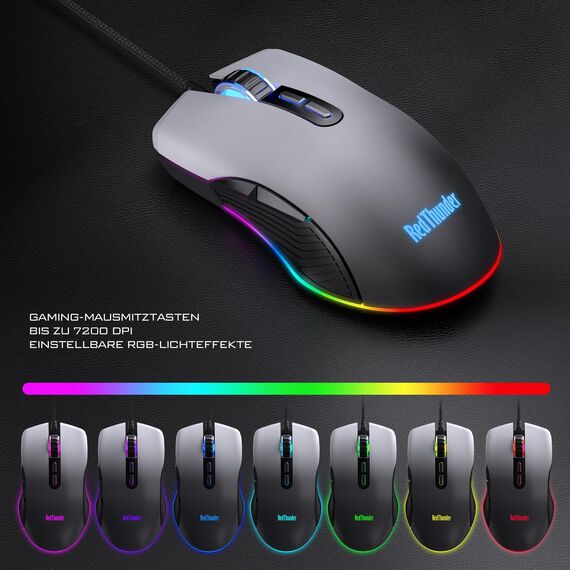 RedThunder K10 Gaming Tastatur und Maus Set, QWERTZ DE Layout, 26KRO Tastatur + 7D 7200 DPI Mause & Weiche Leder Handballenauflage, RGB Beleuchtung für PC Gamer, Mac PS5 Xbox (Grauverlauf)