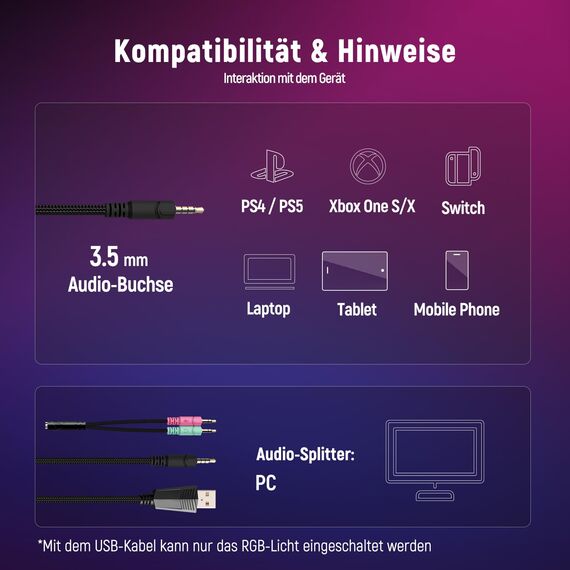Ozeino Gaming Headset für Ps4/Ps5/Pc/Xbox 360 with 3D Surround Sound Headset mit Mikrofon Kopfhörer Noise Cancelling RGB Lichter for Gamer