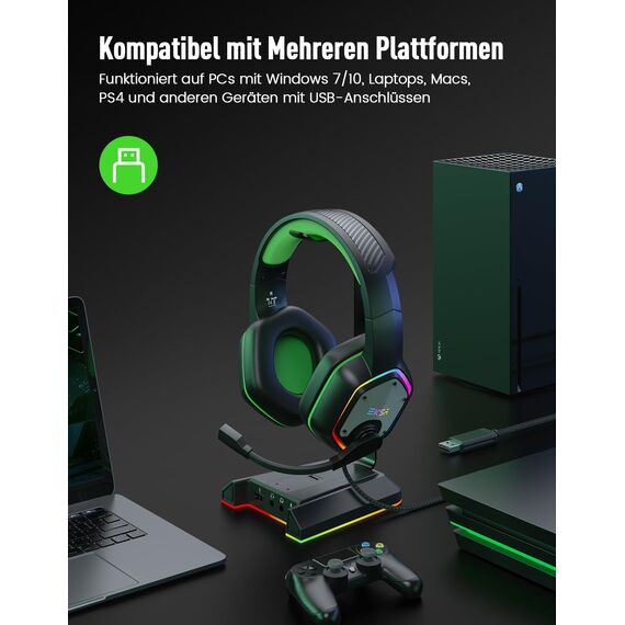 EKSA E1000 USB PC Gaming Headset mit Mikrofon, Gamer Headset mit Bass Surround Sound, RGB Beleuchtung, Gaming Kopfhörer mit Mic für PS4/PS5 Konsole/Computer/Laptop, Grün
