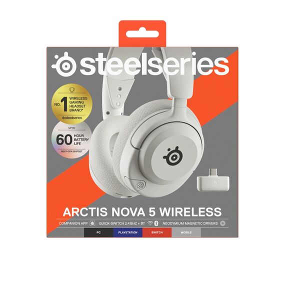 SteelSeries Arctis Nova 5 Wireless - Gaming Headset- Multi-System -PC,PS5 - Magnetische Neodym-Treiber -Über 100 Audio Presets - 60H Akkulaufzeit - 2,4 GHz oder BT-ClearCast Gen2.X-Mik -Weiß