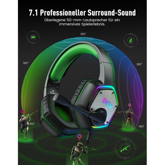 EKSA E1000 USB PC Gaming Headset mit Mikrofon, Gamer Headset mit Bass Surround Sound, RGB Beleuchtung, Gaming Kopfhörer mit Mic für PS4/PS5 Konsole/Computer/Laptop, Grün