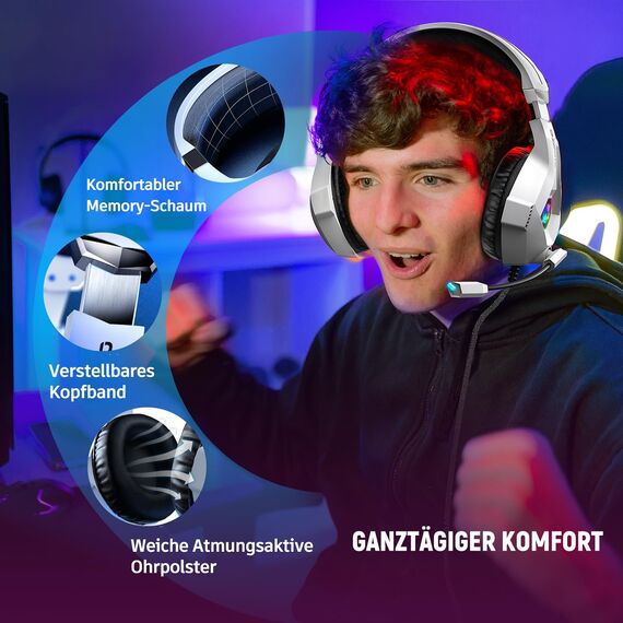 Ozeino Gaming Headset für Ps4/Ps5/Pc/Xbox 360 with 3D Surround Sound Headset mit Mikrofon Kopfhörer Noise Cancelling RGB Lichter for Gamer