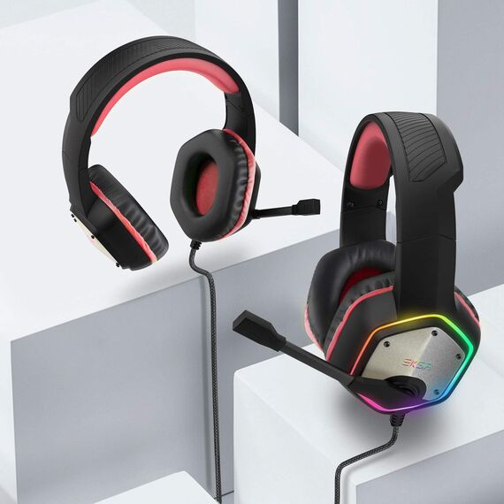 EKSA PC Headset mit Mikrofon, Gamer Headset Rot für PS5, 7.1 Surround Sound, RGB Kopfhörer mit Kabel, Noise Canceling Mic Kabelgebunden,Over Ear für Esports, PC, PS4/PS5 Console Laptop, Mehr Geräte