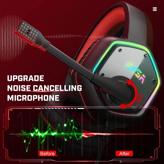 EKSA PC Headset mit Mikrofon, Gamer Headset Rot für PS5, 7.1 Surround Sound, RGB Kopfhörer mit Kabel, Noise Canceling Mic Kabelgebunden,Over Ear für Esports, PC, PS4/PS5 Console Laptop, Mehr Geräte