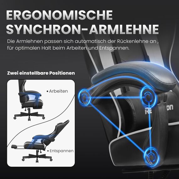 Riftracer Gaming Stuhl – Ergonomischer Gamer Sessel mit Fußstütze, Kopfstütze und Lordosenstütze, höhenverstellbar, gepolstert, Tragkraft 100 kg, Schwarz