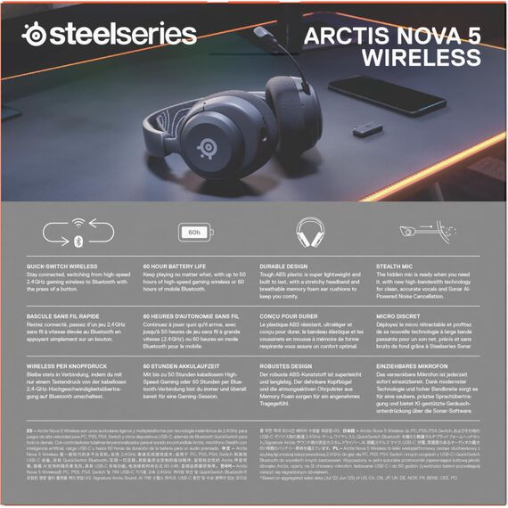 SteelSeries Arctis Nova 5 Wireless - Gaming Headset- Multi-System -PC,PS5 - Magnetische Neodym-Treiber -Über 100 Audio Presets - 60H Akkulaufzeit - 2,4 GHz oder BT-ClearCast Gen2.X-Mik