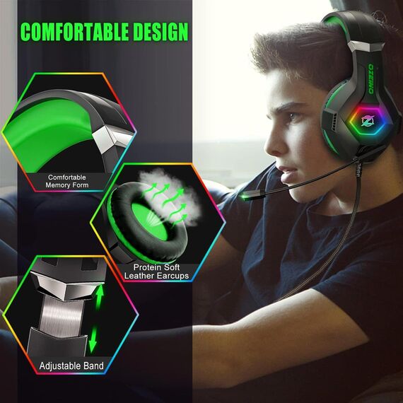 Ozeino Wired Gaming Headset mit Mikrofon 3D Surround Sound Geräuschunterdrückung RGB Licht