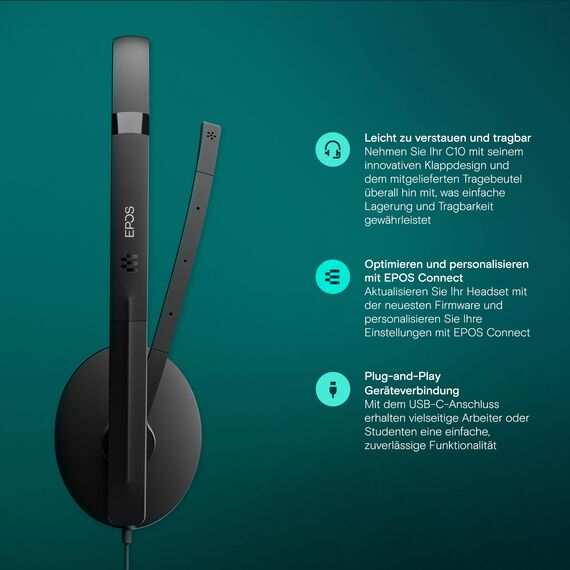 EPOS C10 USB-Headset mit Mikrofon, kabelgebundene Kopfhörer mit einfacher und flexibler USB-C-Verbindung und EPOS BrainAdapt-Technologie.