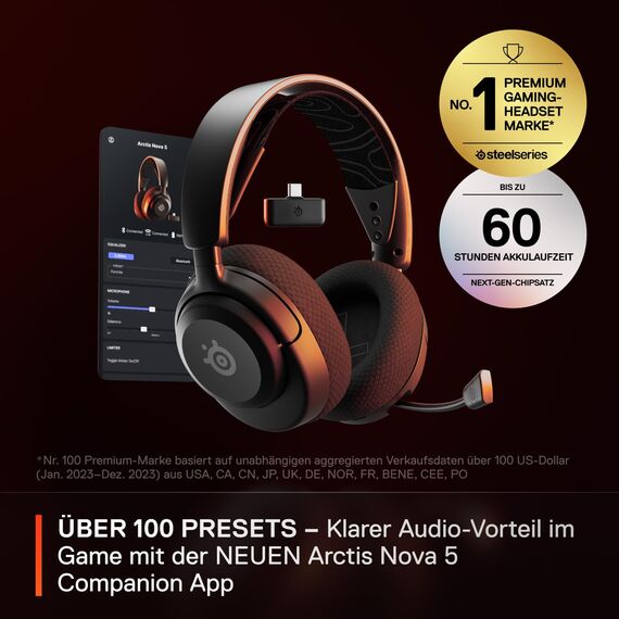 SteelSeries Arctis Nova 5 Wireless - Gaming Headset- Multi-System -PC,PS5 - Magnetische Neodym-Treiber -Über 100 Audio Presets - 60H Akkulaufzeit - 2,4 GHz oder BT-ClearCast Gen2.X-Mik