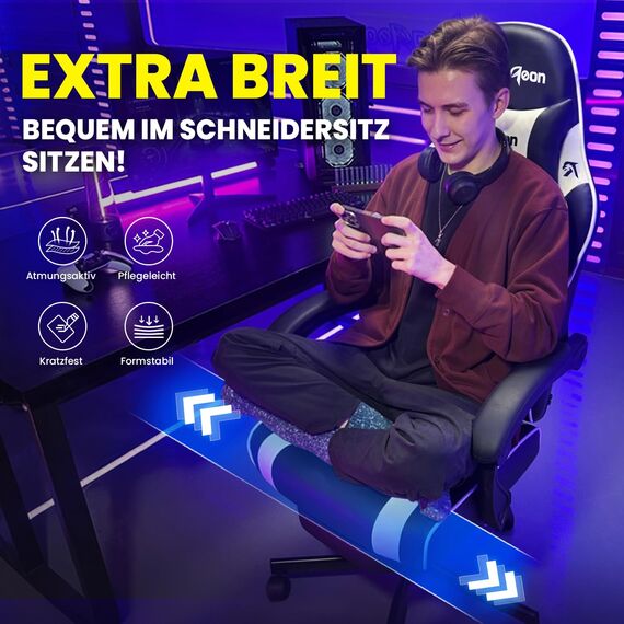 Riftracer Gaming Stuhl – Ergonomischer Gamer Sessel mit Fußstütze, Kopfstütze und Lordosenstütze, höhenverstellbar, gepolstert, Tragkraft 100 kg, Schwarz