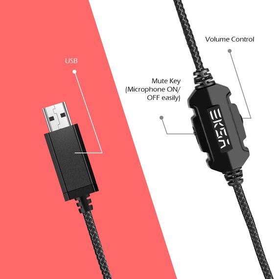 EKSA PC Headset mit Mikrofon, Gamer Headset Rot für PS5, 7.1 Surround Sound, RGB Kopfhörer mit Kabel, Noise Canceling Mic Kabelgebunden,Over Ear für Esports, PC, PS4/PS5 Console Laptop, Mehr Geräte