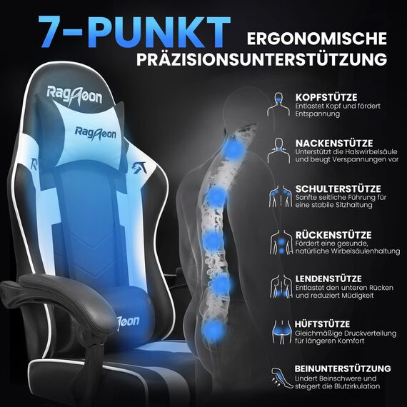 Riftracer Gaming Stuhl – Ergonomischer Gamer Sessel mit Fußstütze, Kopfstütze und Lordosenstütze, höhenverstellbar, gepolstert, Tragkraft 100 kg, Schwarz