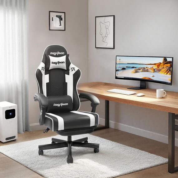 Riftracer Gaming Stuhl – Ergonomischer Gamer Sessel mit Fußstütze, Kopfstütze und Lordosenstütze, höhenverstellbar, gepolstert, Tragkraft 100 kg, Schwarz