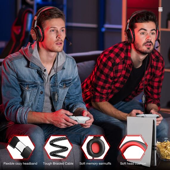 EKSA PC Headset mit Mikrofon, Gamer Headset Rot für PS5, 7.1 Surround Sound, RGB Kopfhörer mit Kabel, Noise Canceling Mic Kabelgebunden,Over Ear für Esports, PC, PS4/PS5 Console Laptop, Mehr Geräte