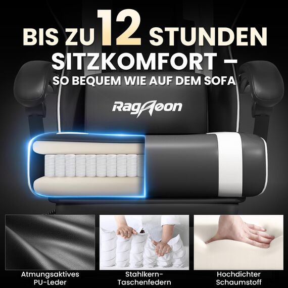 Riftracer Gaming Stuhl – Ergonomischer Gamer Sessel mit Fußstütze, Kopfstütze und Lordosenstütze, höhenverstellbar, gepolstert, Tragkraft 100 kg, Schwarz