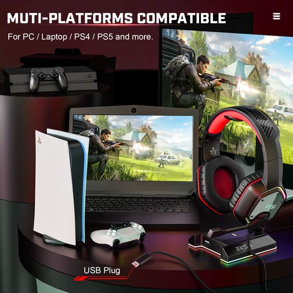 EKSA PC Headset mit Mikrofon, Gamer Headset Rot für PS5, 7.1 Surround Sound, RGB Kopfhörer mit Kabel, Noise Canceling Mic Kabelgebunden,Over Ear für Esports, PC, PS4/PS5 Console Laptop, Mehr Geräte