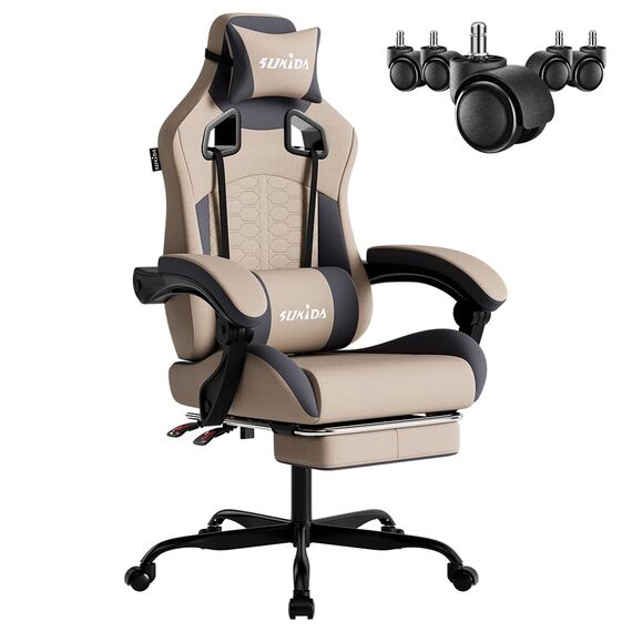 SUKIDA Gaming Stuhl,Ergonomischer Gaming-Stuhl mit Fußstütze, Racing Gaming Chair Kopfstütze Verstellbarer Computerstuhl Höhenverstellbar Lendenwirbelstütze für Homeoffice und Gaming,Blaugrau