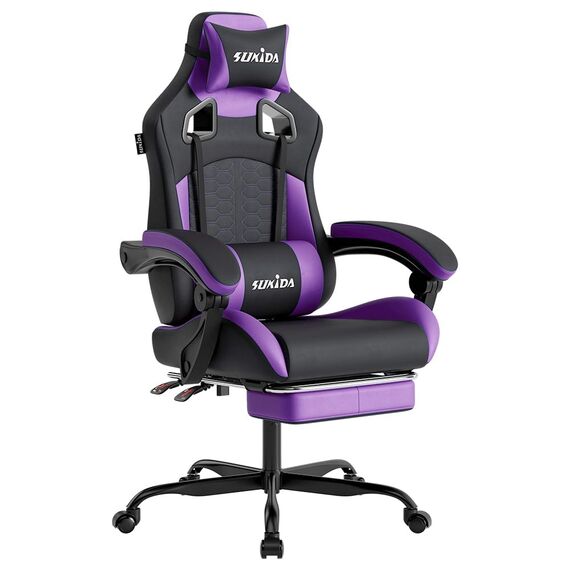 SUKIDA Gaming Stuhl, Ergonomischer Gaming-Stuhl mit Fußstütze, Racing Gaming Chair Kopfstütze Verstellbarer Computerstuhl Höhenverstellbar Lendenwirbelstütze für Homeoffice und Gaming Lila