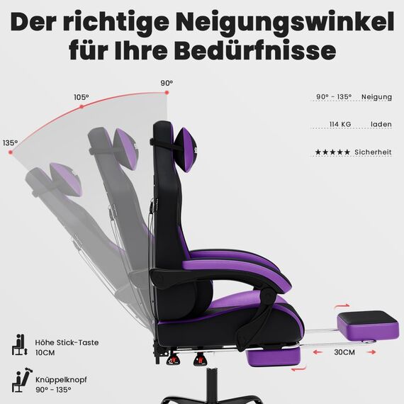 SUKIDA Gaming Stuhl, Ergonomischer Gaming-Stuhl mit Fußstütze, Racing Gaming Chair Kopfstütze Verstellbarer Computerstuhl Höhenverstellbar Lendenwirbelstütze für Homeoffice und Gaming Lila