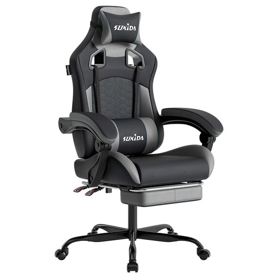 SUKIDA Gaming Stuhl, Ergonomischer Gaming-Stuhl mit Fußstütze, Racing Gaming Chair Kopfstütze Verstellbarer Computerstuhl Höhenverstellbar Lendenwirbelstütze für Homeoffice und Gaming Gray