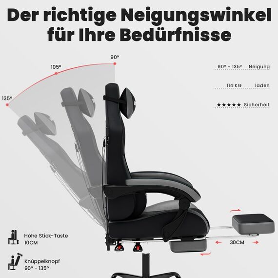 SUKIDA Gaming Stuhl, Ergonomischer Gaming-Stuhl mit Fußstütze, Racing Gaming Chair Kopfstütze Verstellbarer Computerstuhl Höhenverstellbar Lendenwirbelstütze für Homeoffice und Gaming Gray