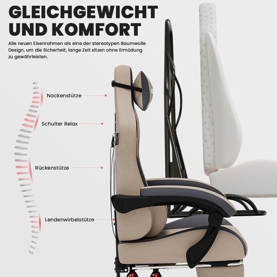 SUKIDA Gaming Stuhl, Ergonomischer Gaming-Stuhl mit Fußstütze, Racing Gaming Chair Kopfstütze Verstellbarer Computerstuhl Höhenverstellbar Lendenwirbelstütze für Homeoffice und Gaming Beige