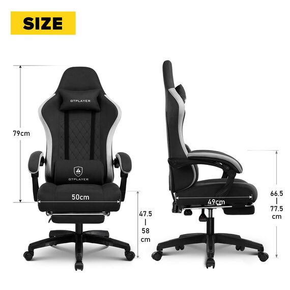 GTPLAYER Gaming Stuhl Ergonomischer Gaming Sessel Schreibtischstuhl mit Stoffoberfläche, Federsitzkissen, Verbindungsarmlehnen und Fußstütze 150KG, hellschwarz