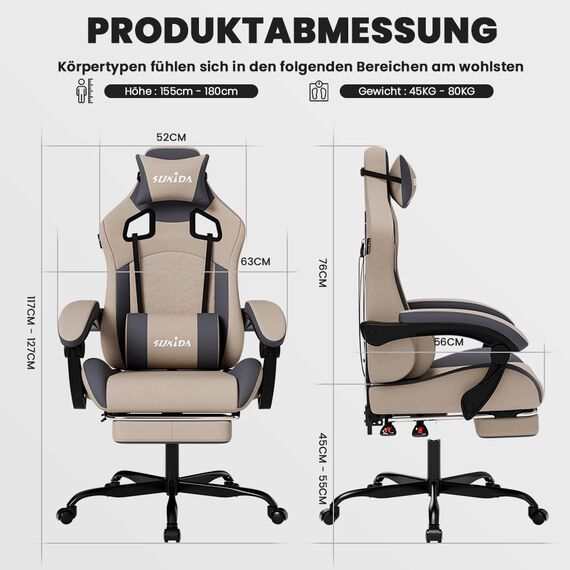 SUKIDA Gaming Stuhl, Ergonomischer Gaming-Stuhl mit Fußstütze, Racing Gaming Chair Kopfstütze Verstellbarer Computerstuhl Höhenverstellbar Lendenwirbelstütze für Homeoffice und Gaming Beige