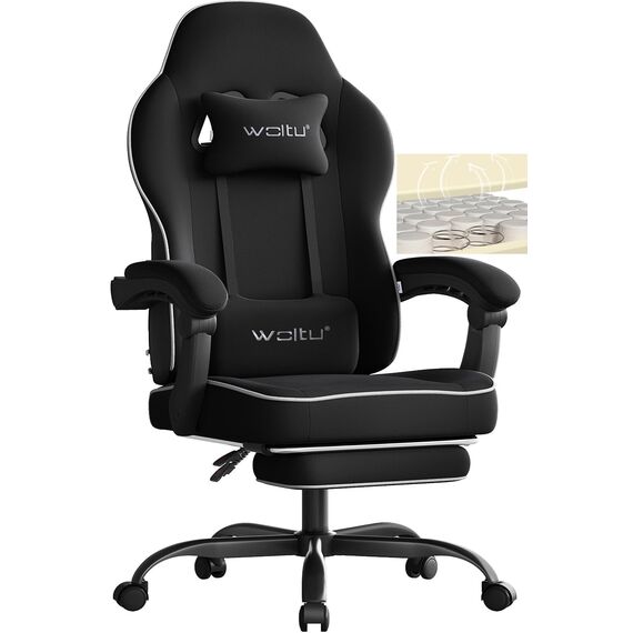 WOLTU Gaming Stuhl Stoff mit Bequemlichkeit Federunterlage, Kühl im Sommer, Gamer Chair Sessel Hohe Belastbarkeit ergonomischer mit Kopfkissen, Lendenkissen, Fußstütze, Netzstoff, Schwarz