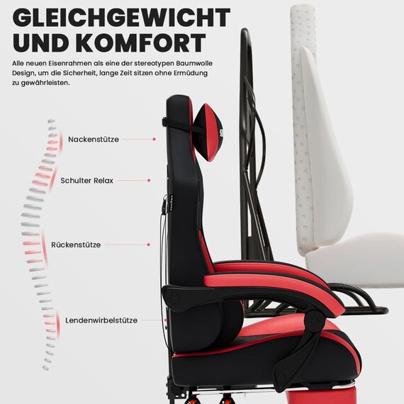 SUKIDA Ergonomischer Gaming-Stuhl mit Fußstütze, Racing Gaming Chair Kopfstütze, Gaming Stuhl Verstellbarer, Computerstuhl Höhenverstellbar Lendenwirbelstütze für Homeoffice und Gaming rot
