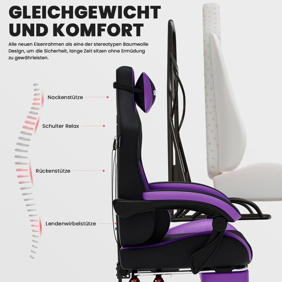 SUKIDA Gaming Stuhl, Ergonomischer Gaming-Stuhl mit Fußstütze, Racing Gaming Chair Kopfstütze Verstellbarer Computerstuhl Höhenverstellbar Lendenwirbelstütze für Homeoffice und Gaming Lila