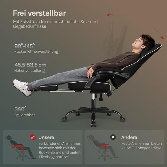 WOLTU Gaming Stuhl Stoff mit Bequemlichkeit Federunterlage, Kühl im Sommer, Gamer Chair Sessel Hohe Belastbarkeit ergonomischer mit Kopfkissen, Lendenkissen, Fußstütze, Netzstoff, Schwarz