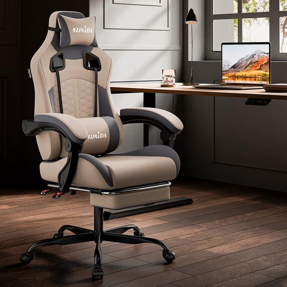 SUKIDA Gaming Stuhl, Ergonomischer Gaming-Stuhl mit Fußstütze, Racing Gaming Chair Kopfstütze Verstellbarer Computerstuhl Höhenverstellbar Lendenwirbelstütze für Homeoffice und Gaming Beige