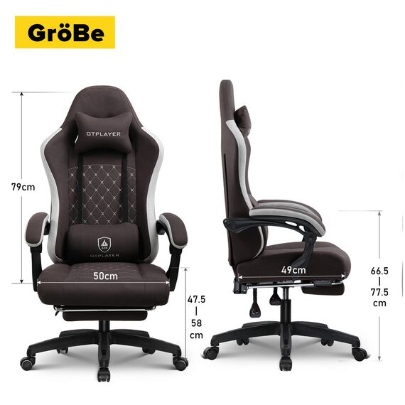 GTPLAYER Gaming Stuhl Ergonomischer Gaming Sessel Schreibtischstuhl mit Stoffoberfläche, Federsitzkissen, Verbindungsarmlehnen und Fußstütze 150KG, Braun