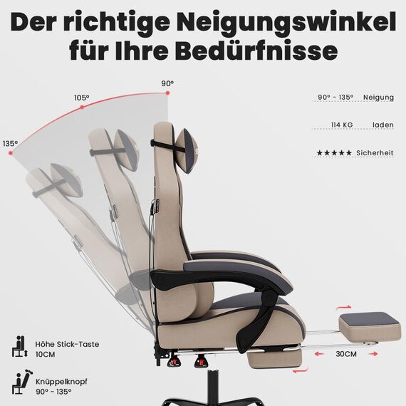 SUKIDA Gaming Stuhl, Ergonomischer Gaming-Stuhl mit Fußstütze, Racing Gaming Chair Kopfstütze Verstellbarer Computerstuhl Höhenverstellbar Lendenwirbelstütze für Homeoffice und Gaming Beige