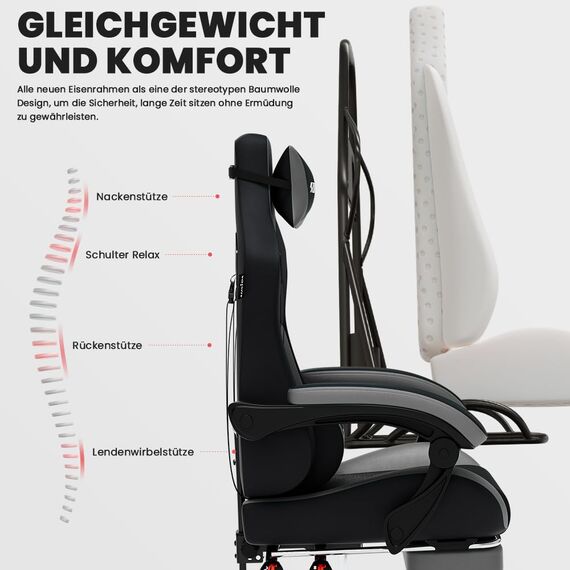 SUKIDA Gaming Stuhl, Ergonomischer Gaming-Stuhl mit Fußstütze, Racing Gaming Chair Kopfstütze Verstellbarer Computerstuhl Höhenverstellbar Lendenwirbelstütze für Homeoffice und Gaming Gray