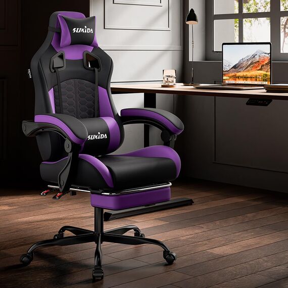 SUKIDA Gaming Stuhl, Ergonomischer Gaming-Stuhl mit Fußstütze, Racing Gaming Chair Kopfstütze Verstellbarer Computerstuhl Höhenverstellbar Lendenwirbelstütze für Homeoffice und Gaming Lila