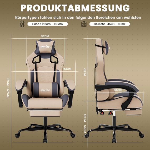 SUKIDA Gaming Stuhl,Ergonomischer Gaming-Stuhl mit Fußstütze, Racing Gaming Chair Kopfstütze Verstellbarer Computerstuhl Höhenverstellbar Lendenwirbelstütze für Homeoffice und Gaming,Blaugrau