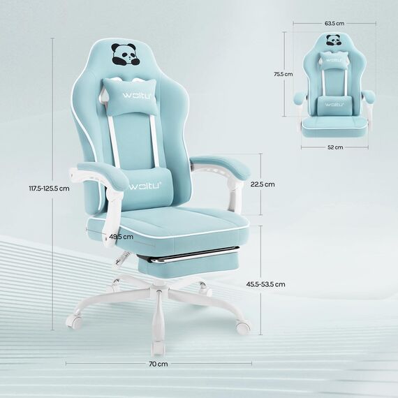 WOLTU Gaming Stuhl mit Taschenfederkissen, Gaming Sessel 150 kg Belastbarkeit, ergonomischer Drehstuhl, Gamer Stuhl mit Kopfkissen, Lendenkissen, Fußstütze, Netzstoff, Hellblau