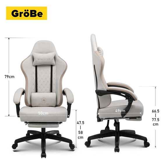 GTPLAYER Gaming Stuhl Ergonomischer Gaming Sessel Schreibtischstuhl mit Stoffoberfläche, Federsitzkissen, Verbindungsarmlehnen und Fußstütze 150KG, Beige-Braun