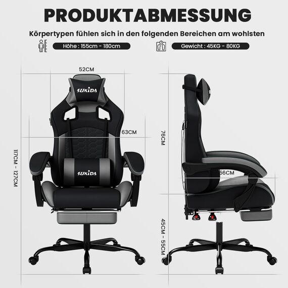 SUKIDA Gaming Stuhl, Ergonomischer Gaming-Stuhl mit Fußstütze, Racing Gaming Chair Kopfstütze Verstellbarer Computerstuhl Höhenverstellbar Lendenwirbelstütze für Homeoffice und Gaming Gray
