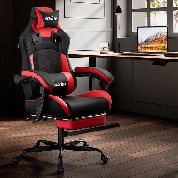 SUKIDA Ergonomischer Gaming-Stuhl mit Fußstütze, Racing Gaming Chair Kopfstütze, Gaming Stuhl Verstellbarer, Computerstuhl Höhenverstellbar Lendenwirbelstütze für Homeoffice und Gaming rot